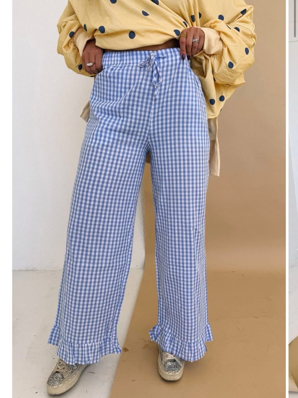 Blue Gingham Wide-Leg Ruffle Hem Pants - Drawstring Waist